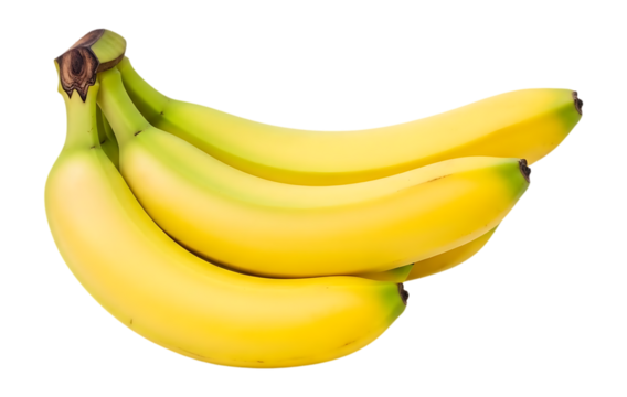 Bunch of ripe yellow bananas with green tips isolated on a transparent background