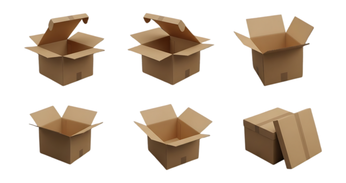 Cardboard boxes in various open and closed states isolated on a transparent background - Powered by Adobe