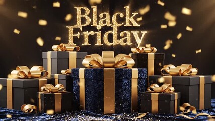 Celebrate Black Friday savings with stunning gift boxes and sparkling confetti, perfect for holiday promotions and advertising campaigns now - Powered by Adobe