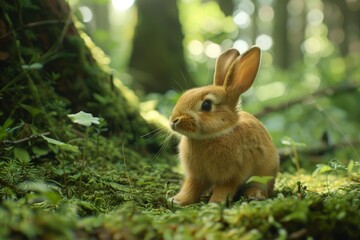 Obraz premium Adorable baby rabbit exploring a vibrant, moss covered forest floor, surrounded by lush greenery