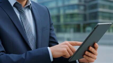 Professional uses digital tablet in front of office building for business and communication. - Powered by Adobe