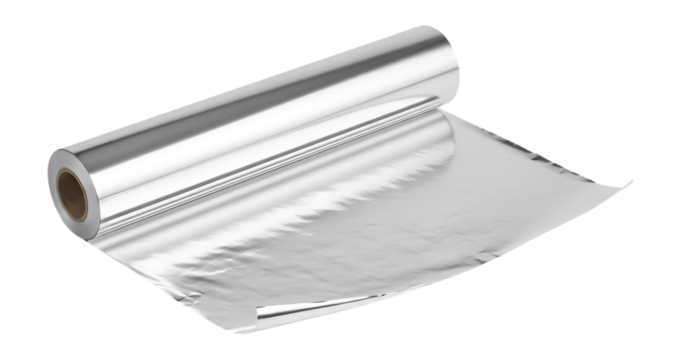 Silver foil roll with unwound sheet isolated on a transparent background metal kitchen