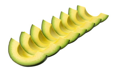 Sliced avocado pieces arranged in a diagonal line isolated on a transparent background