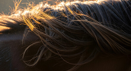 Horse mane glowing with golden sun backlight and shimmering particles