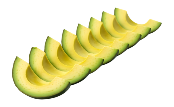 Sliced avocado pieces arranged in a diagonal line isolated on a transparent background