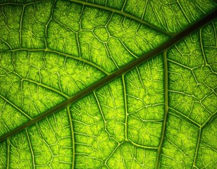 A striking, illuminated macro shot showcases the intricate network of veins on a vibrant green leaf surface.