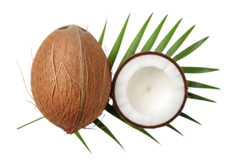 Whole and halved coconut with green palm leaves isolated on a transparent background
