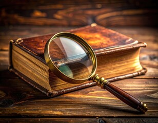 A magnifying glass rests upon an aged, leather-bound book on a wooden surface.