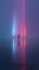 Silhouette on reflective shoreline with towering neon pillars and fog &mdash; cinematic sci-fi nightscape