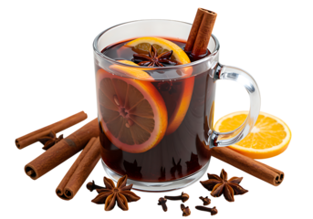 Warm spiced wine in a glass mug with orange slices and cinnamon on transparent background.