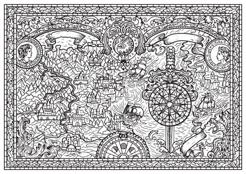 Old vector map with unknown land, ships, compass and fantasy creatures in decorative frame. Pirate adventures, treasure hunt and old transportation concept. Hand drawn illustration, coloring page.