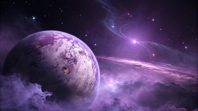 Purple planet in a vibrant cosmic nebula with distant stars and glowing celestial bodies