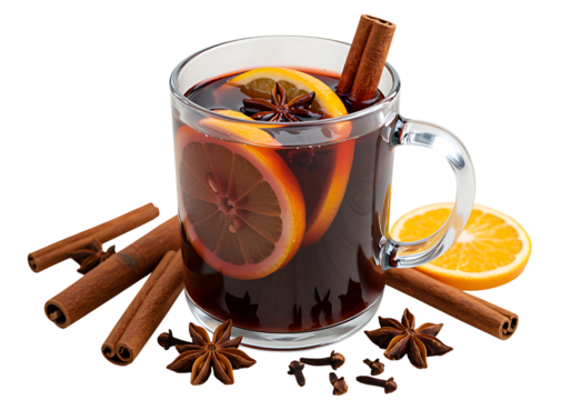 Warm spiced wine in a glass mug with orange slices and cinnamon on transparent background.