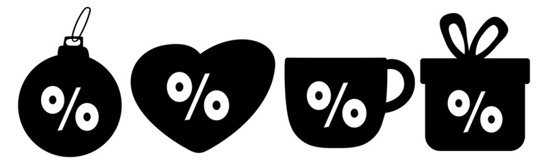Sale Symbols Set. Black white icons with percent signs for holiday discounts. For retail advertising, promotional materials and seasonal marketing campaigns.