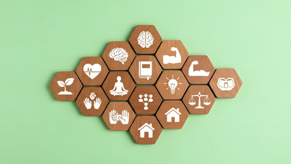 Hexagonal tokens representing life concepts and values