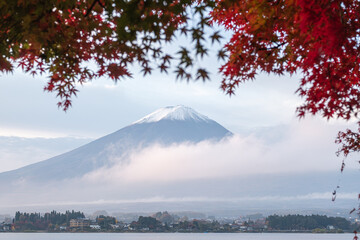 Lake Kawaguchi, Fujikawaguchiko, Minamitsuru District, Yamanashi, Japan, Mount Fuji with autumn leaves framing the mountain in Japan landscape