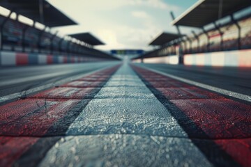 Naklejka premium Close up view of wet racing track pavement leading towards finish line, grandstands blurred in background