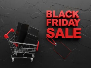Black friday sale announcement with shopping cart, gift boxes, and price tag