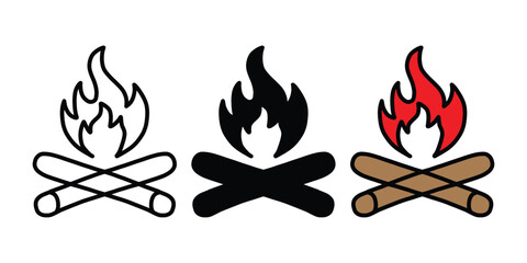 Campfire Icon Set. Outline, Solid, and Color Versions. Bonfire Vector Collection with Fire Flame