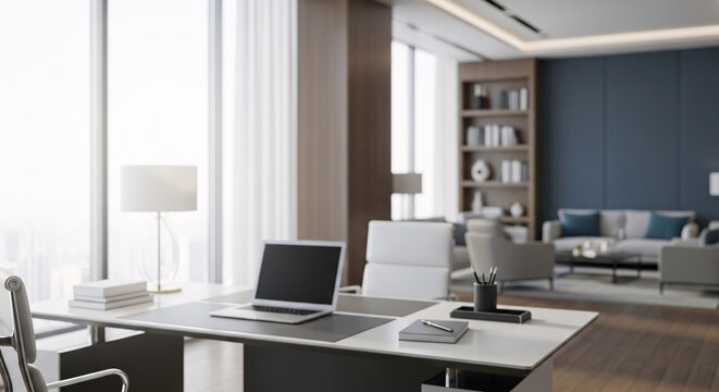 Modern home office with large window and bookshelf