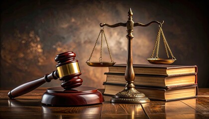 A dramatic close-up featuring a wooden judge's gavel, scales of justice, and stacked law books.