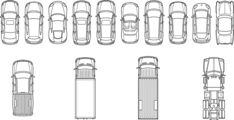 Top view vehicle blueprint collection, detailed car and truck line art, transportation schematic illustration, automotive outline set, technical drawing pack for design