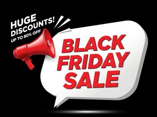 Black friday sale announcement with megaphone offering huge discounts banner