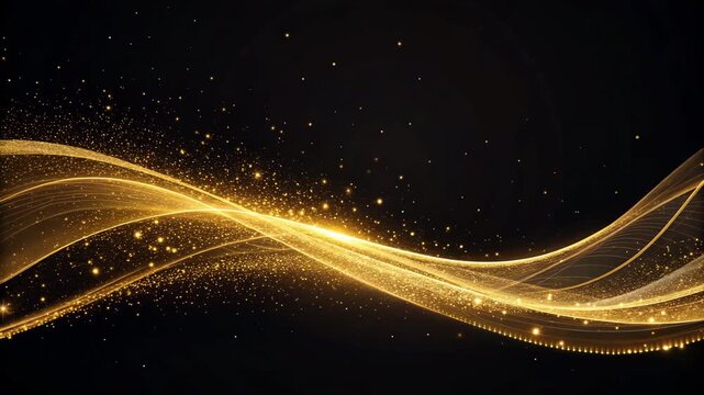 Shimmering golden wave of glowing particles flowing across a deep black background for elegant visuals