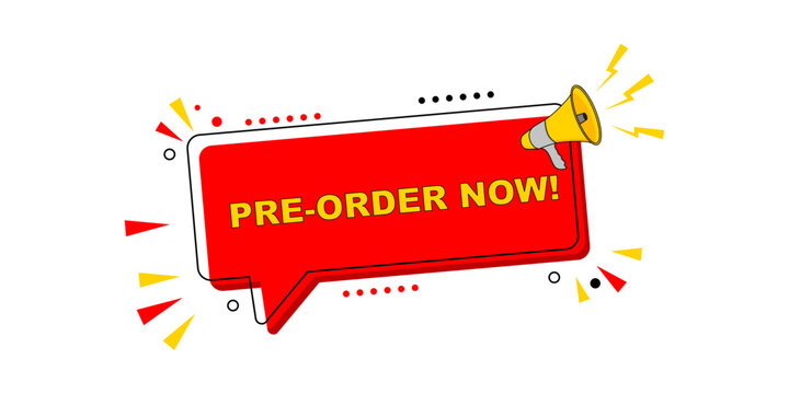 Capture customer attention with this vibrant pre-order announcement graphic, featuring a megaphone for compelling new product launch promotions