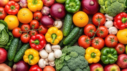 A vibrant and fresh assortment of ripe vegetables and fruits, showcasing a healthy variety of colorful produce on a dark background, perfect for culinary inspiration
