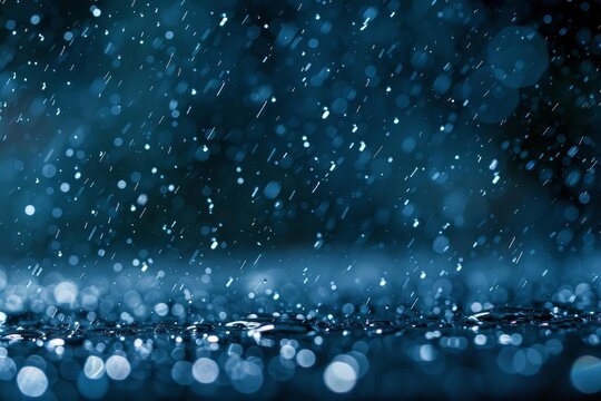 Rain is falling on a wet surface at night, creating a beautiful bokeh effect