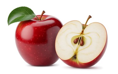A whole red apple and a half apple showing seeds and core on white fruit