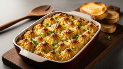 Delicious homemade shepherd's pie with a golden mashed potato topping, baked in a casserole dish and served with toasted bread