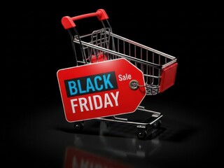 Black friday sale tag on shopping cart for seasonal retail promotions.
