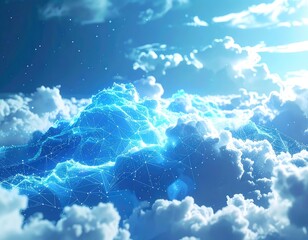 A luminous, abstract digital network structure glowing within a bright, expansive layer of white clouds under a blue sky.