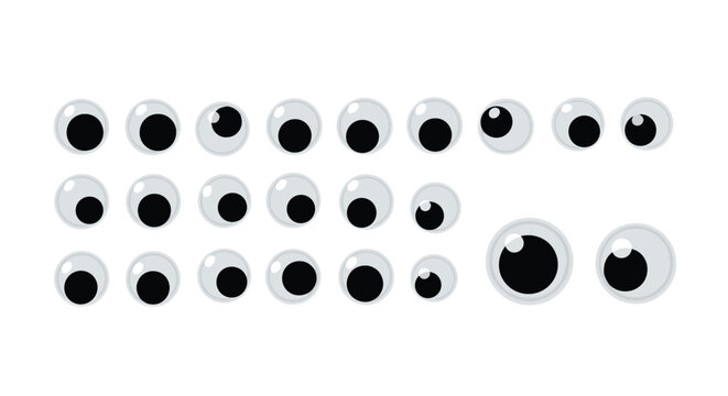 Large set of plastic googly eyes in various sizes and angles for crafts and funny character creation on a white background.