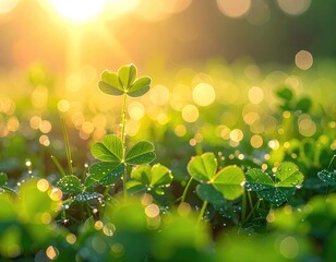Vibrant close-up of clover leaves glistening with morning dew under the warm, golden sunrise.