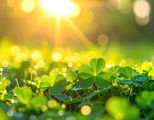 Bright sunshine illuminates dew-kissed clover leaves in a vibrant green field.