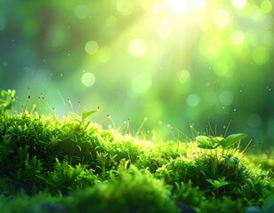 Vibrant green moss illuminated by bright, ethereal sunlight streaming through a forest canopy.