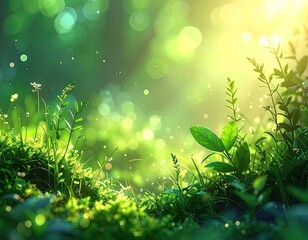 Vibrant green foliage bathed in ethereal sunlight with bokeh effects.