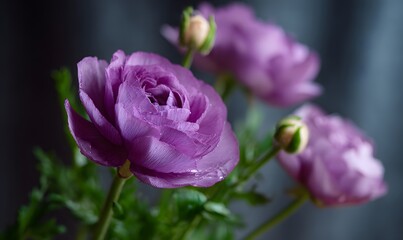 Fototapeta premium elegant purple ranunculus flowers as a fabric softener background, one main bloom in sharp focus slightly off-center in the foreground, 3 secondary blooms and buds softly blurred behind it