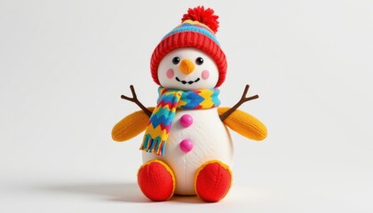 Fototapeta premium isolated on white with studio clarity: snowman plush doll crafted from colorful bpa free plastic, bath safe water play, suitable for toddlers aged 1–3, in classic primary colors