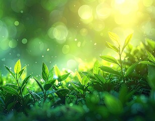Vibrant green tea sprouts illuminated by bright morning sunlight with dew drops.