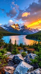 Stunning mountain lake scene bathed in the warm glow of sunset.