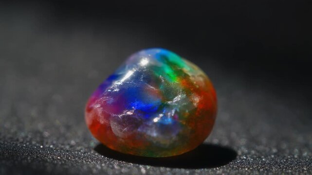 Iridescent opal gemstone shifting colors with light on dark glittering surface
