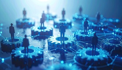 Silhouettes of people standing on interconnected, glowing blue gears representing teamwork and digital infrastructure.