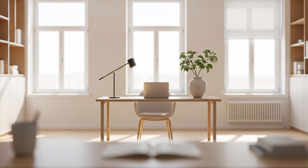 Fototapeta premium Bright and airy home office with a wooden desk chair and large windows