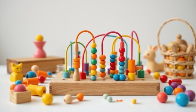 product photo on pure white, no background distractions: wooden bead maze (material: upcycled textiles), vintage nostalgic, for for kids aged 3&ndash;6 learning shapes and colors, in candy striped colors