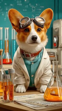 Smart Scientist Pup in Lab: A clever corgi, clad in lab coat and goggles, engrossed in scientific exploration amidst beakers, test tubes, and complex formulas. A whimsical portrait of intellect.