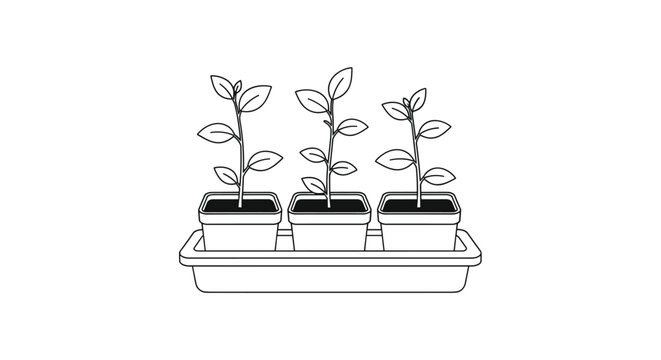 Simple black and white line drawing of three young plant seedlings growing in small pots on a tray for gardening.